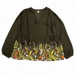 Old Navy Black Floral Peplum Blouse Long Sleeve Boho Cottagecore Top Size L